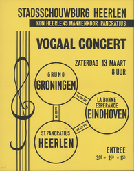 1100-A-21 Vocaal Concert, Affiche houdende de aankondiging van een optreden door het K.H.M. St. Pancratius, m.m.v. de ...