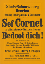 533-B Sef Cornet, Affiche houdende de aankondiging van een voorstelling Bedoot Dich op 1 en 2 December 1946 in de ...