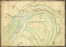817 Zonder titel Kaart van splitsing Rijn en Waal, met Fort Schenkenschans, getekend en gekleurd., 1628-10-31