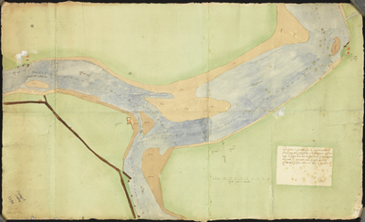 818 Zonder titel Kaart van splitsing Rijn en IJssel, getekend en gekleurd, in zeer slechte staat. Desen karte is ...