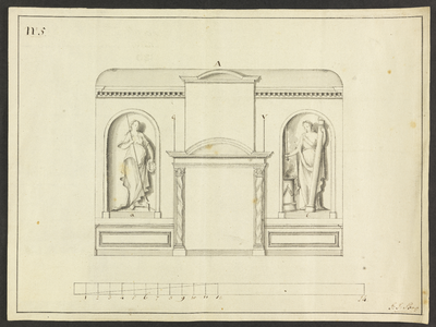 388 Schets van de schouw en flankerende beelden en relief van de raadszaal te Deventer, 01-01-1805 - 31-12-1805