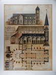 962 Tekening in kleur, op hardboard in passepartout, met zijaanzicht, doorsnede en plattegrond van de Bergkerk., ...
