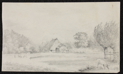 353 Potloodschets op ansichtformaat, van een boerderij met landschap, gesigneerd J.A. Budde .. augustus 1831. Op de ...