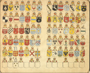 447 Zonder titel Wapenkaart met wapens van 71 Deventer geslachten, getekend en gekleurd. Jaar van eerste voorkomen van ...