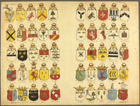 448 Zonder titel Wapenkaart met wapens van 50 Deventer geslachten, getekend en gekleurd. Jaar van eerste voorkomen van ...