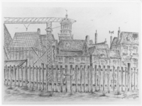 1689 Foto van tekening door Jan van Aalderen uit 1973, in coll. Gem.musea. De tekening stond op het omheinde ...