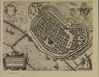 19 Deventer Niet-gekleurde kopergravure vesting Deventer, atlaskaart. Vestingstad Deventer met muren en grachten. in ...