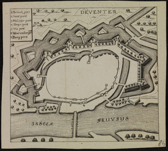 281 Deventer Plattegrond vesting Deventer. Namen poorten en issela fluvius, 1620-01-01