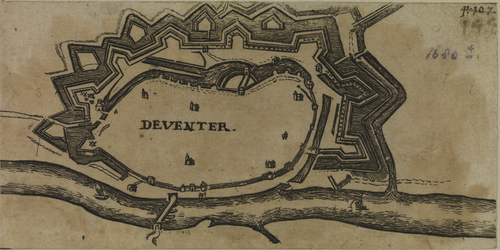 3 Deventer, in de vesting geschreven Kopergravure vestingwerken Deventer. Vestingplattegrondje van Deventer gebaseerd ...