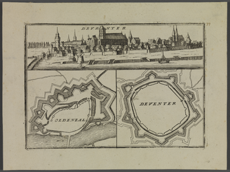5 Deventer (foutief, verwisseling) in de plattegrond Deventer boven het stadsprofiel Kopergravure vestingen Deventer en ...