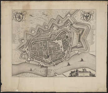 80 geen titel Kopergravure vestingstad Deventer. Gedetailleerde plattegrond met straten, huizen, bastions etc. ...