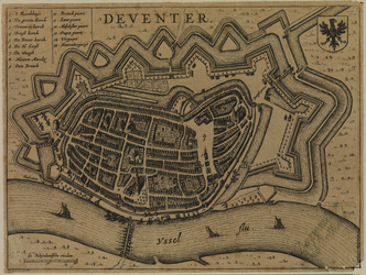 9 Deventer Kopergravure vesting Deventer. Gedetailleerde stadsplattegrond met vestingwerken, stratenplan, huizen, ...