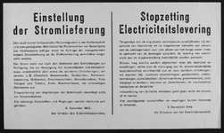 6 Letteraffiche in Duits en Nederlands van de directeur van het electriciteitsbedrijf over het per direct staken van ...