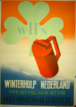 70009 Affiche voor De Winterhulp Nederland in pasteltinten. Op de achtergrond rood-wit-blauw, rode collectebus op de ...
