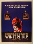 70032 Beeldaffiche van de dierenriemcollecte van de Winterhulp. De donkerblauwe poster met rode collectebus heeft de ...