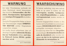 70060 Letteraffiche in het Duits en in het Nederlands, roodomrand om de waarschuwing tegen wapenbezit nog duidelijker ...