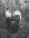 137 Groepsportret: drie dames poseren in een bos. De oudere dame is gezeten op een stoel., 1900-01-01