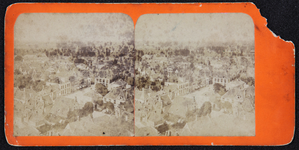 66 Vogelvluchtgezicht op de Deventer Stromarkt vanaf de Lebuinustoren. Stereokaart op oranje karton, 1880-01-01