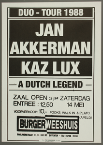 156 Aankondiging optreden van Jan Akkerman & Kaz Lux.Duo-tour 1988. - A Dutch Legend -Entee: F.12,50 (voorverkoop ...
