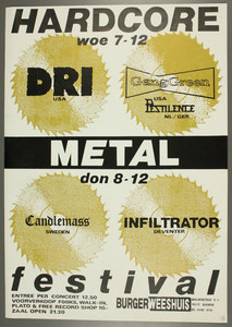 190 Hardcore Metal Festival met de bands:Dri (USA), Gangreen (USA), Pestilence (NL/Ger) op 7-12.Candlemass (Swe), ...