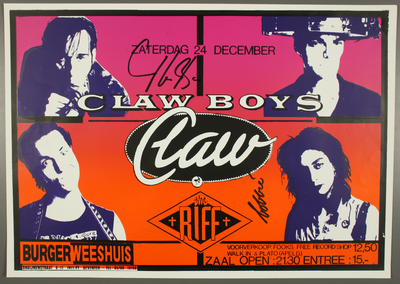 192 Aankondiging optreden van de groep Claw Boys Claw met in het voorprogramma The Riff.Entree: F.15,- (voorverkoop ...