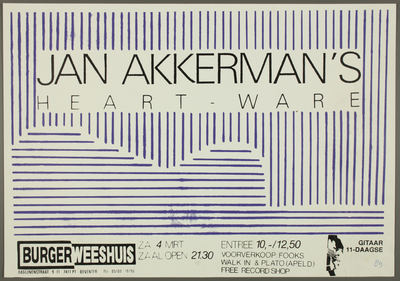215 Aankondiging optreden van Jan Akkerman Heartware .Jan Akkerman: Nederlandse gitarist.Entree: F.12,50 (voorverkoop ...