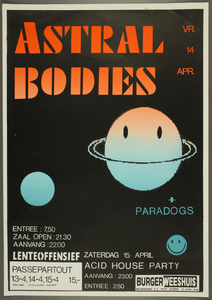 225 Aankondiging optreden van de band Astral Bodies, met in het voorprogramma Paradogs.Entree: F. 2,50.Aantal ...