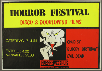 242 Horror Festival met disco & doorlopend films.Optredens van:Chud 51, Bloody Birthday en Evil Dead.Aantal bezoekers: ...