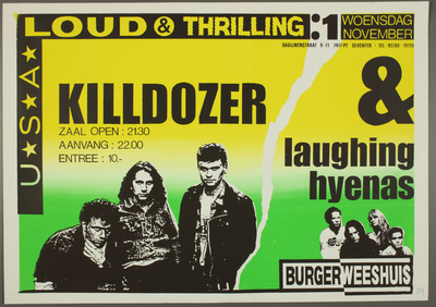 261 Aankondiging concert van de Amerikaanse bands Killdozer en Laughing Hyenas.Muziekstijl: noiserock.Entrée: ...