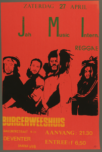 33 Aankondiging optreden Jah Music Intern.Reggaemuziek.Entree: F.6,50., 1985-04-27