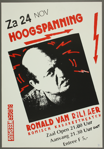 339 Aankondiging theateroptreden van de acteur Ronald van Rillaer met Hoogspanning .Entree: F.5,-.Aantal bezoekers: 17, ...