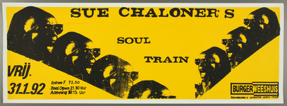 426 Aankondiging optreden van Sue Chaloner's Soul Train.Sue Chaloner (Londen 12 maart 1953) is een Engels-Nederlands ...