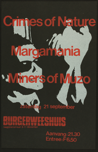 46 Aankondiging optreden van de bands: Crimes of NatureMargamania & Miners of Muzo.Entree: F. 6,50, 1985-09-21