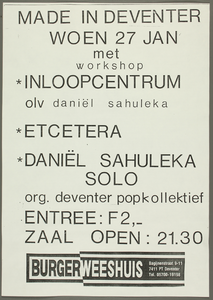 646 m.m.v. Daniel Sahuleka (workshop en solo-optreden), Etcetera. Organisatie: Deventer Popkollektief. Entree: F.2,- ...