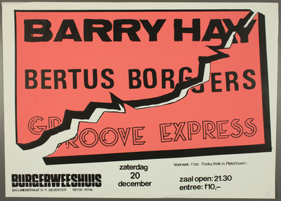 82 Aankondiging optreden Bertus Borgers Groove Express m.m.v. Barry Hay.Entree: F.10,-.Aantal bezoekers: 257, 1986-12-20