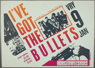 85 Aankondiging optreden van de band I've got the bullets.Entree: F.8,50.Aantal bezoekers: 166, 1987-01-09