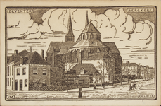50751 Gezicht op de Bergkerk vanaf de hoek van de Kazernestraat - Houtmarkt. Links de huizen op het Bergschild. Deze ...
