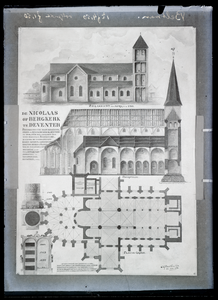58 Repro van het ontwerp voor de Nicolaas of Bergkerk te Deventer, zijaanzicht en plattegrond. Op achterzijde ...