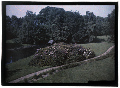 79 Glaspositief in kleur (autochrome): gezicht op tuin, met bomen, watertje en paden, 1920-06-20