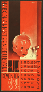 1 N.V. Boek en Steendrukkerij De IJsel DeventerVloeiblad ongebruikt, uitgevoerd als kalenderblad april 1934, in rood ...