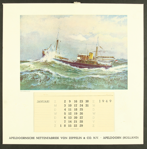 174 Apeldoornse Nettenfabriek Von Zeppelin & Co., Apeldoorn (Holland)Kalender 1949, met tekening van Hollandse ...
