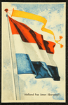 246 Ansichtkaart uit Bevrijdingsreeks, ontwerp van Piet Smeele: de Nederlandse vlag wappert in de wind, 1945-04-01
