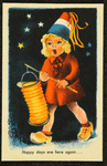 247 Ansichtkaart uit Bevrijdingsreeks, ontwerp van Piet Smeele: kind draagt oranje lampion en heeft een hoedje op in de ...