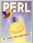 329 Affiche (origineel ontwerp in kleur) voor het merk Perl, van een glas drinken met een vogeltje op de rand., 1934-01-01