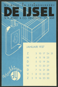 4 N.V. Boek en Steendrukkerij De IJsel Deventer / vh. R. Borst & Co / tel. 4341Kalender van 1937 bestaande uit 12 losse ...