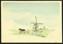 492 Aangekleurde zwartdruk; origineel ontwerp in een reeks van 24 ansichtkaarten: paard in de wei bij molen, 1934-01-01