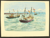 500 Origineel ontwerp in aquarel: vissersschepen varen de haven uit. Wellicht gebruikt voor kalender van de Apeldoornse ...
