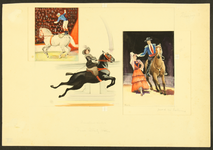 505 Zonder titelOrigineel ontwerp voor uitgave met Circusthema: jockey staand op paard in de piste; vrouwelijke ruiter ...