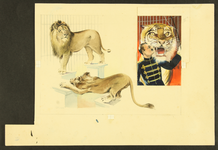 508 Zonder titelOrigineel ontwerp voor uitgave met Circusthema: twee leeuwen op sokkels; dompteur met tijger in de kooi