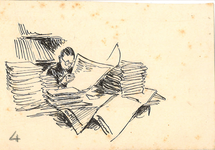 CMO10406-005 Man achter bureau zit te lezen in stapel kranten